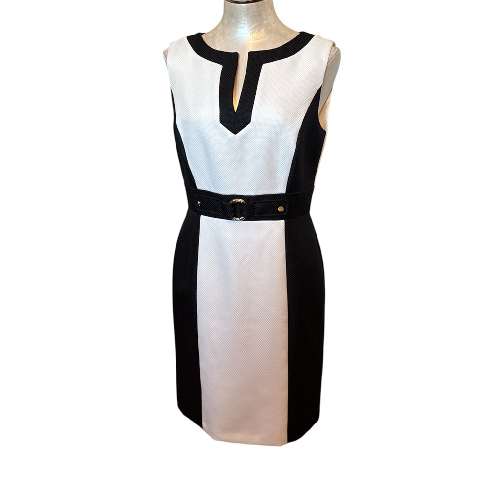 Tahari Women’s Black & White Color-Block Sheath Dress Belt Detail Like New 8